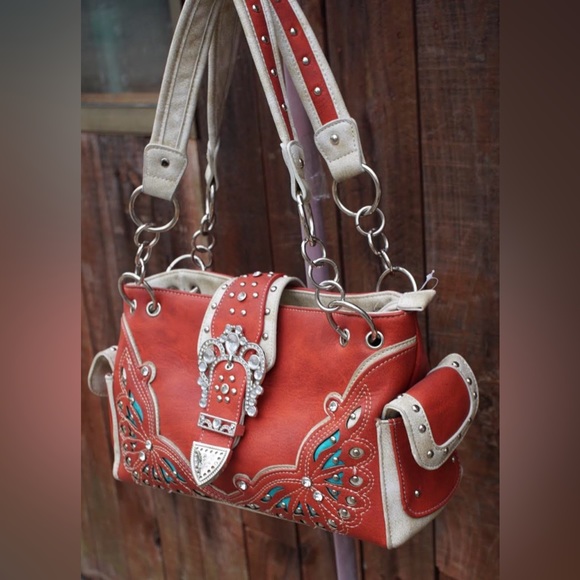 Orange and Turquoise Studded Accented Western Style Satchel Handbag - Picture 2 of 16